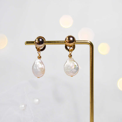 15 mm white flat coin pearl dangling yellow gold plated with 8.5 mm round stud earrings