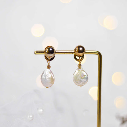 15 mm white flat coin pearl dangling yellow gold plated with 8.5 mm round stud earrings