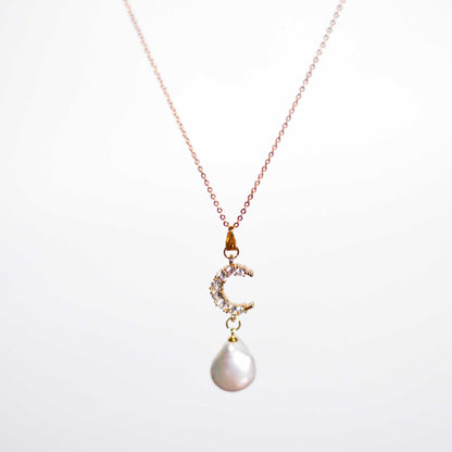 16 mm White Flat Coin Pearl Yellow Gold Plated Necklace with 15 mm Crescent Moon Pendant