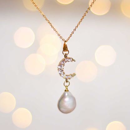 16 mm White Flat Coin Pearl Yellow Gold Plated Necklace with 15 mm Crescent Moon Pendant