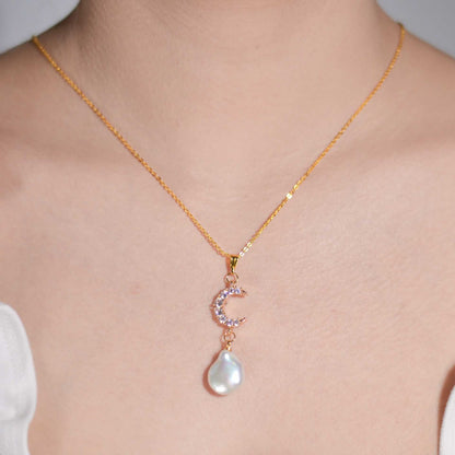 16 mm White Flat Coin Pearl Yellow Gold Plated Necklace with 15 mm Crescent Moon Pendant