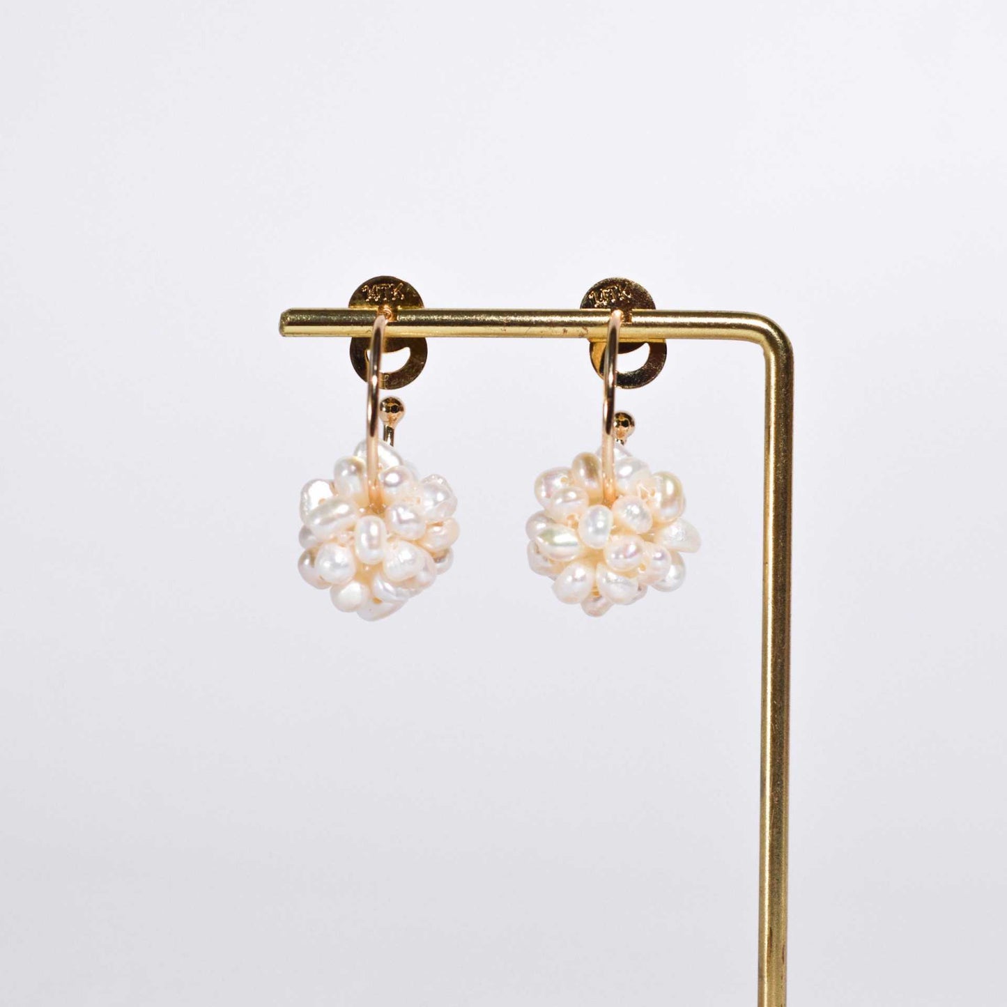 17 mm white pearl ball dangling yellow gold plated half hoop earrings