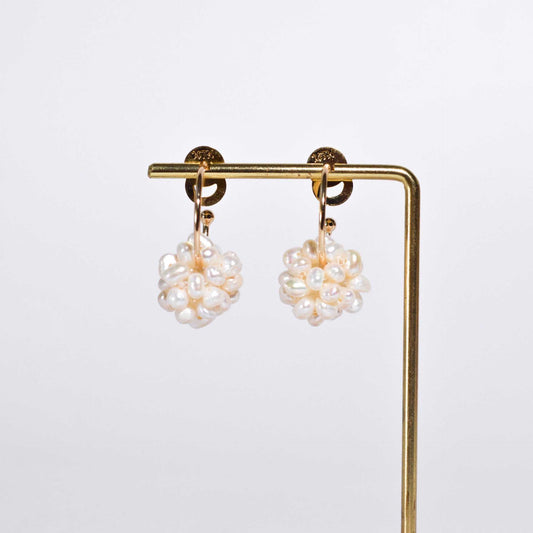 17 mm white pearl ball dangling yellow gold plated half hoop earrings