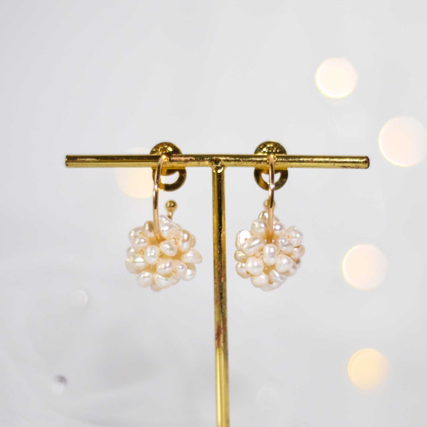 17 mm white pearl ball dangling yellow gold plated half hoop earrings