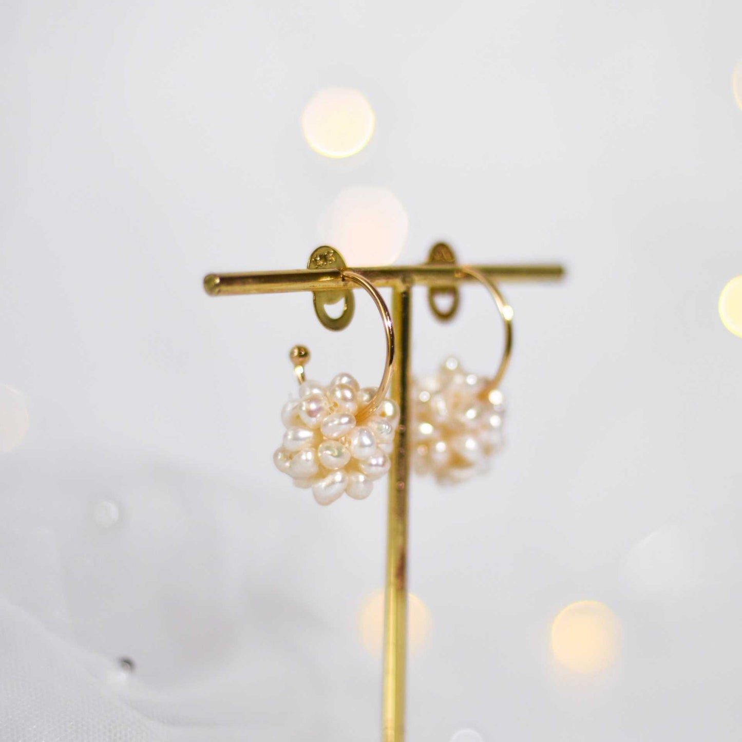 17 mm white pearl ball dangling yellow gold plated half hoop earrings