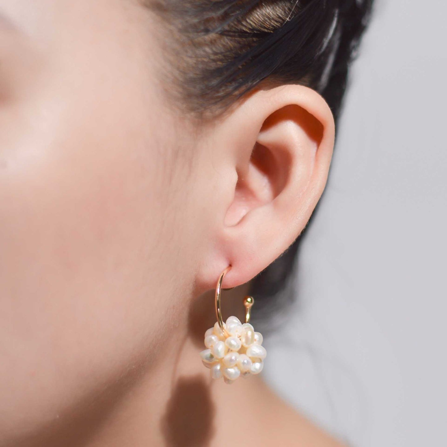 17 mm white pearl ball dangling yellow gold plated half hoop earrings