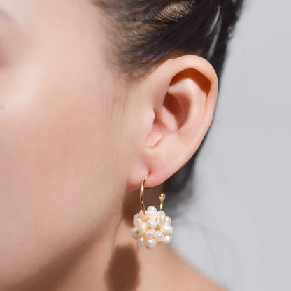 17 mm white pearl ball dangling yellow gold plated half hoop earrings