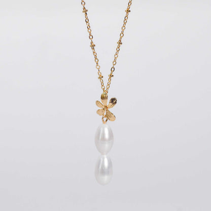 2-pc. White Biwa Pearl Yellow Gold Plated Necklace with Flower Drop