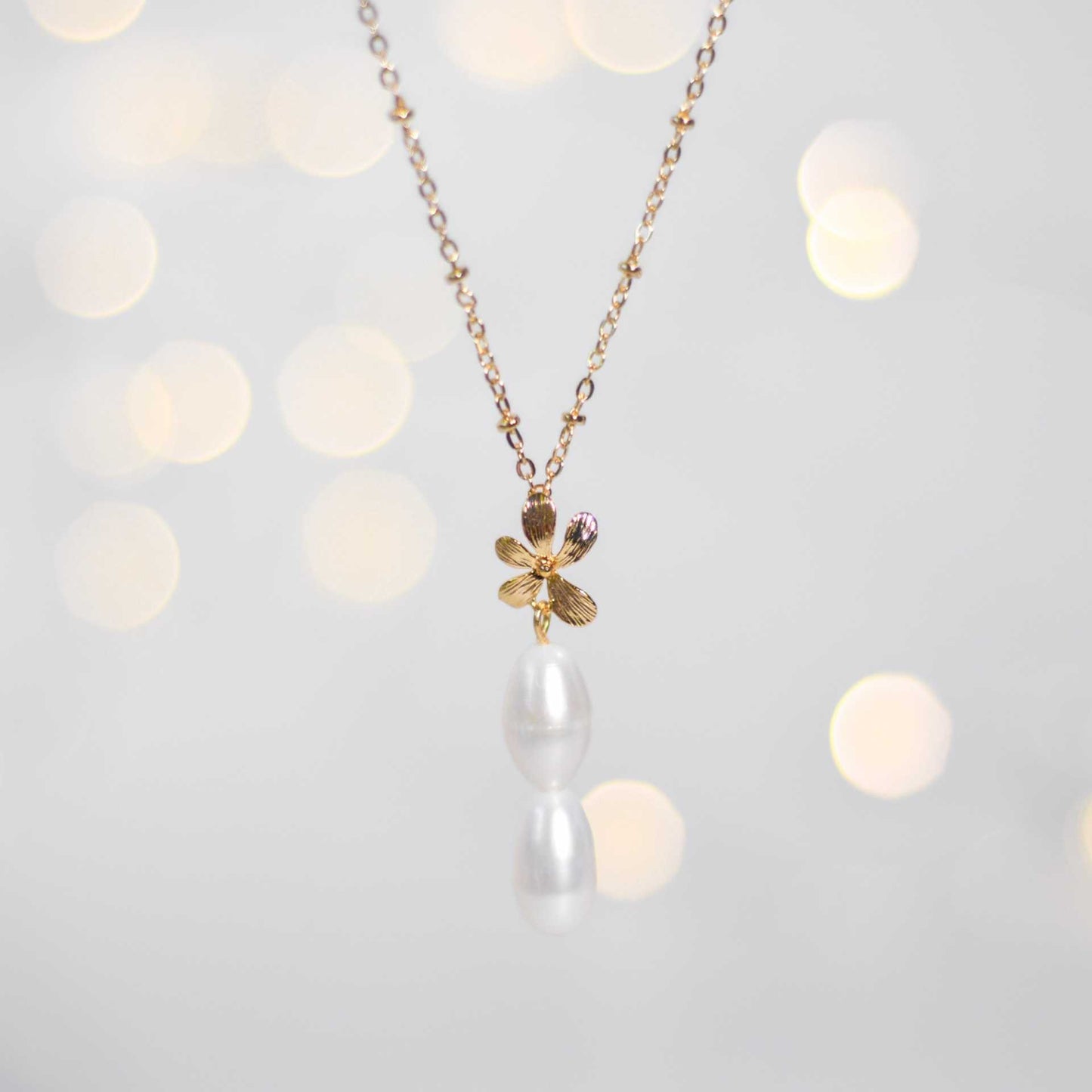 2-pc. White Biwa Pearl Yellow Gold Plated Necklace with Flower Drop