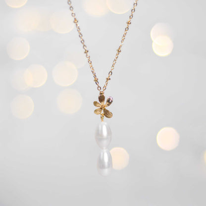 2-pc. White Biwa Pearl Yellow Gold Plated Necklace with Flower Drop