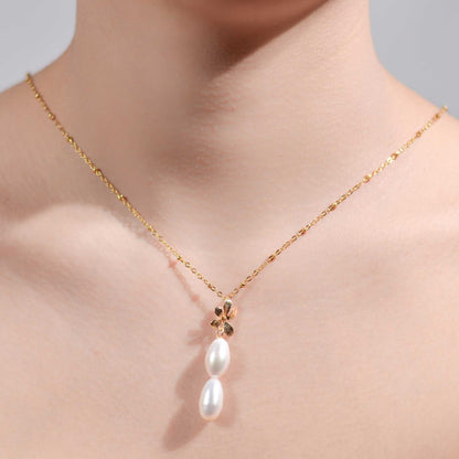 2-pc. White Biwa Pearl Yellow Gold Plated Necklace with Flower Drop