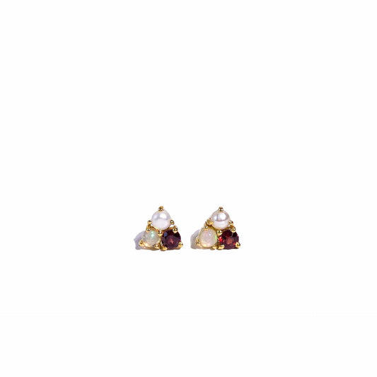 3 mm Pearl, Opal, Red Garnet Cluster Earrings