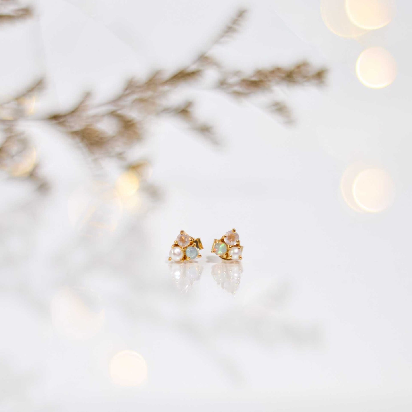3 mm Pearl, Opal, Rose Quartz Cluster Earrings