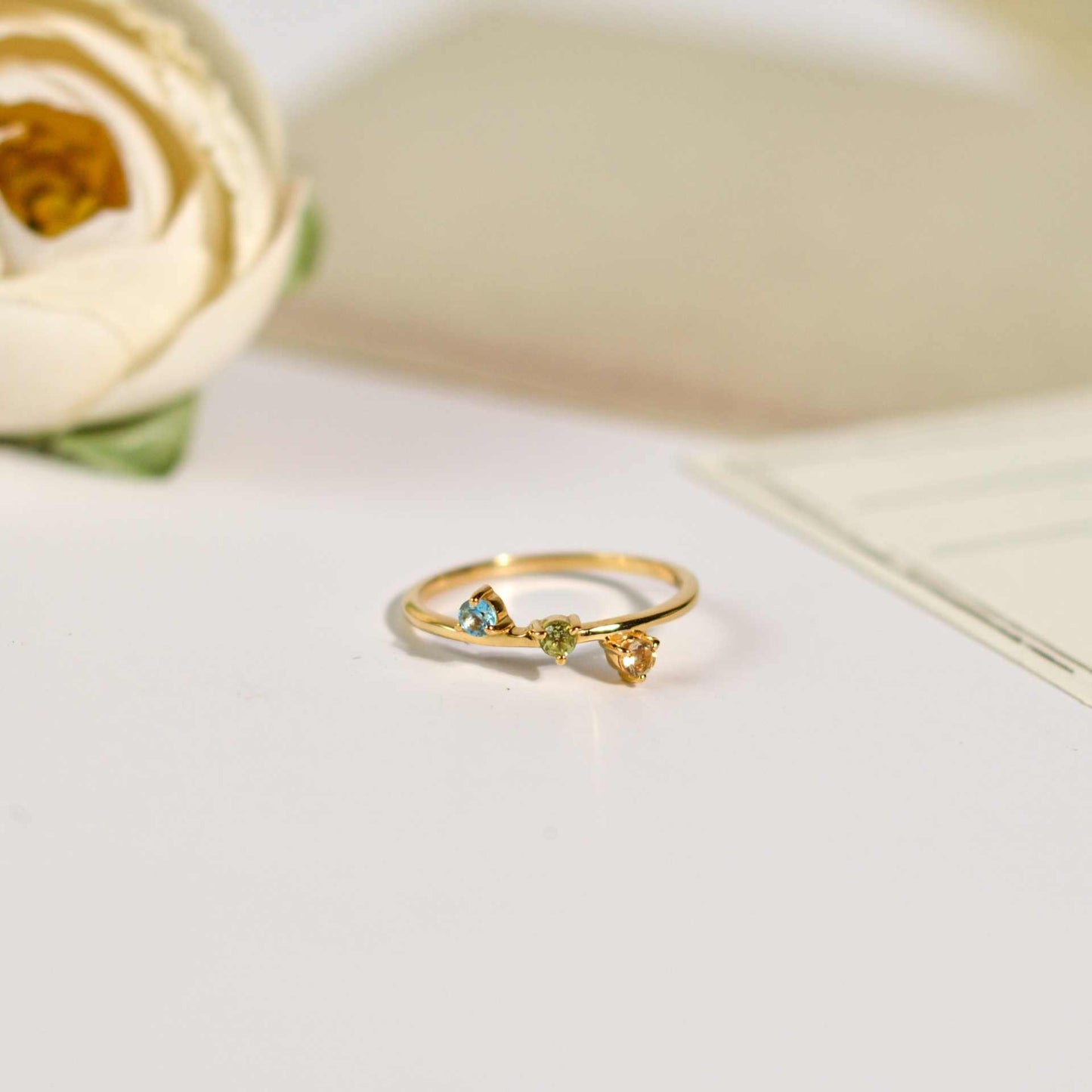 3 mm Round cut Citrine, Peridot and Blue Topaz Cluster Stack Ring