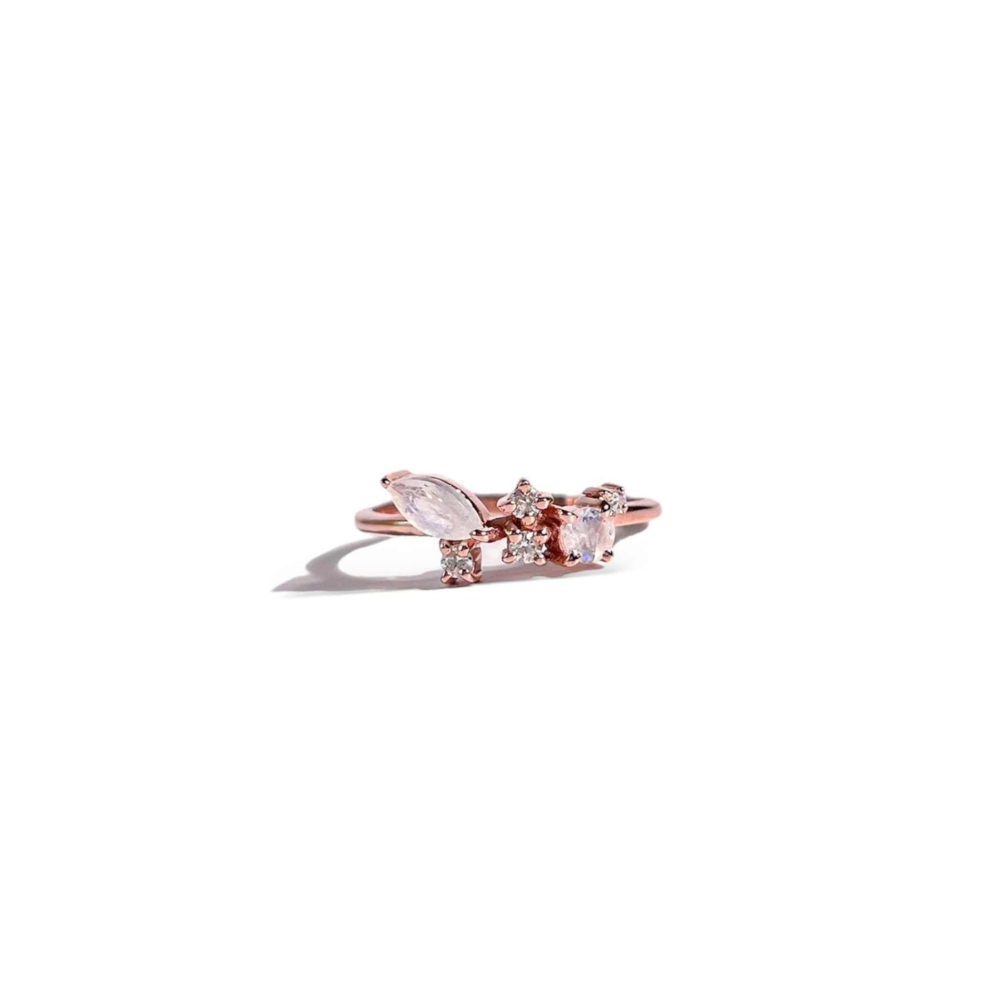 5 x 2.5 mm Marquise cut Rainbow Moonstone with Cz Glitter Ring