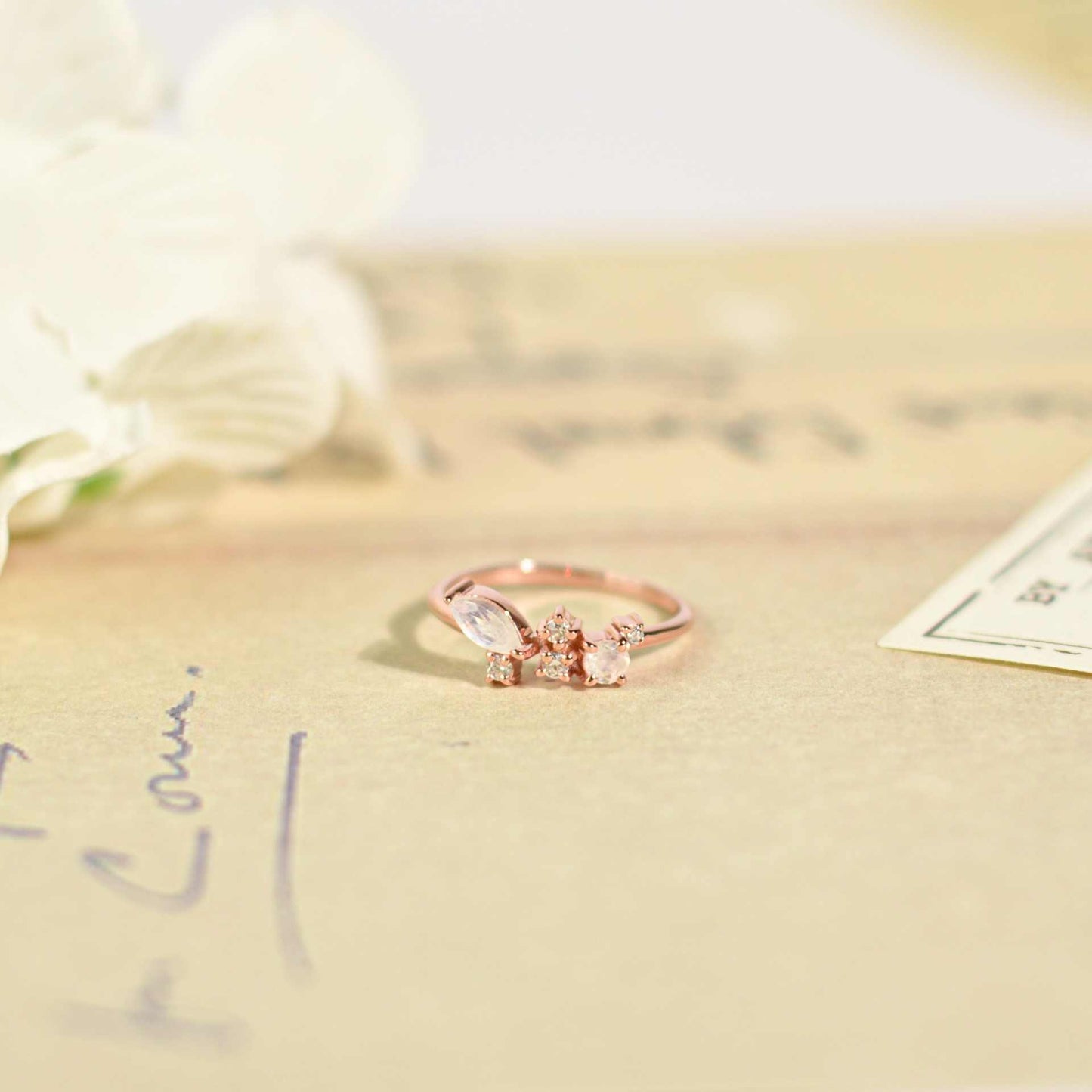 5 x 2.5 mm Marquise cut Rainbow Moonstone with Cz Glitter Ring
