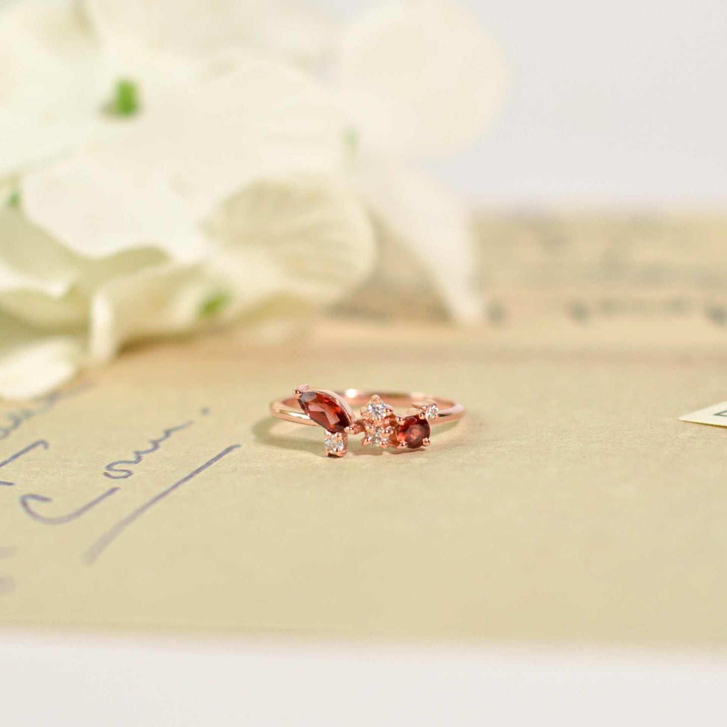 5 x 2.5 mm Marquise cut Red Garnet with Cz Glitter Ring