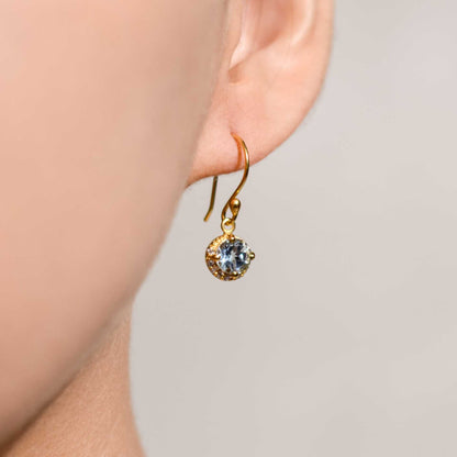 6 mm Round cut Blue Topaz with Crescent Cz Earrings
