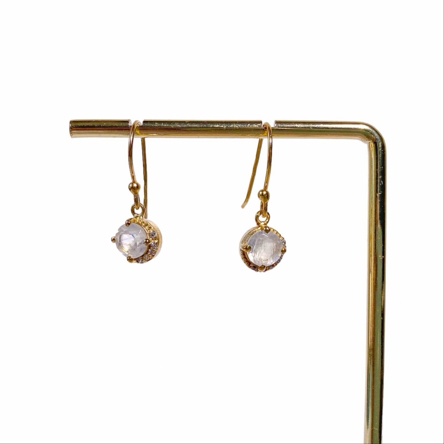 6 mm Round cut Rainbow Moonstone with Crescent Cz Earrings