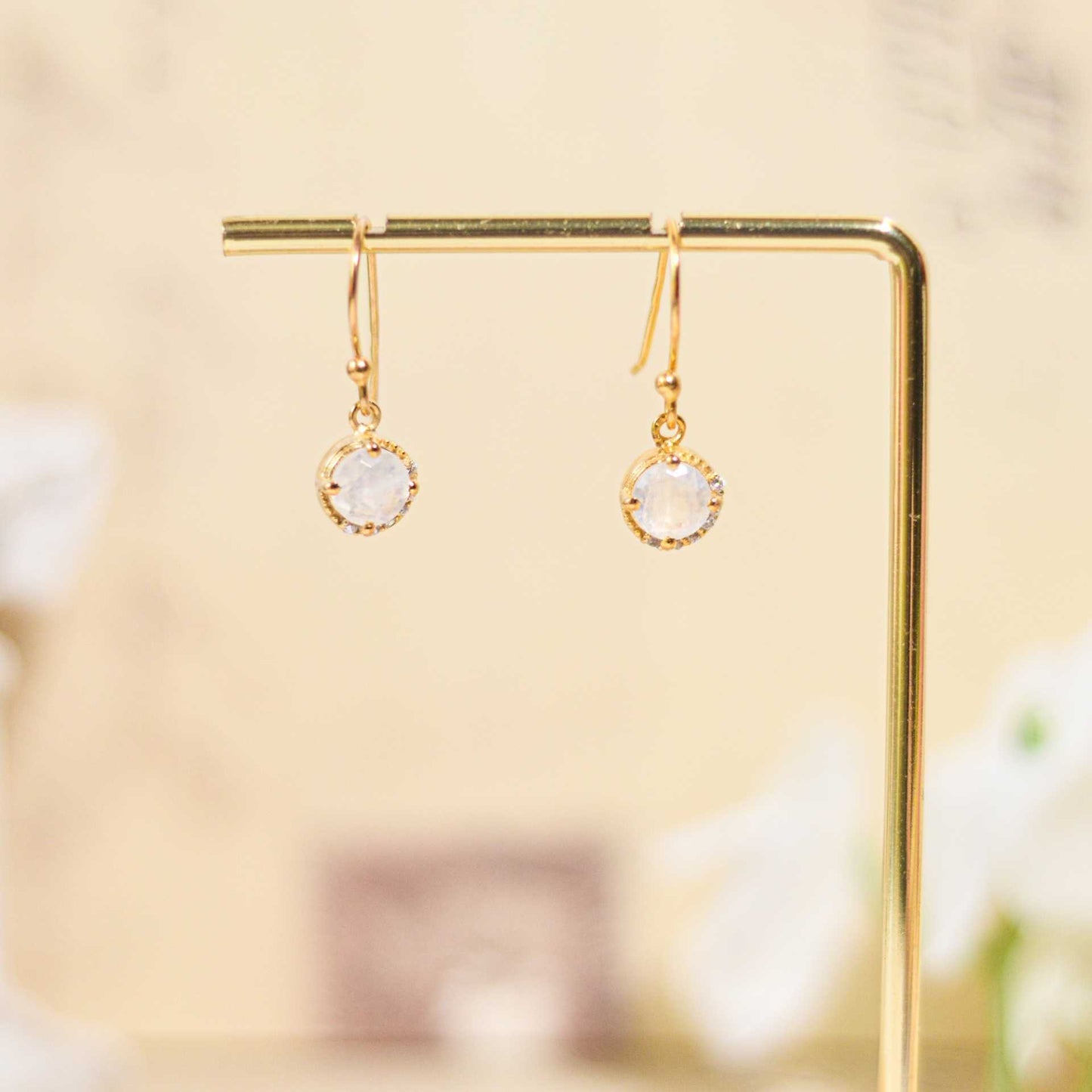 6 mm Round cut Rainbow Moonstone with Crescent Cz Earrings