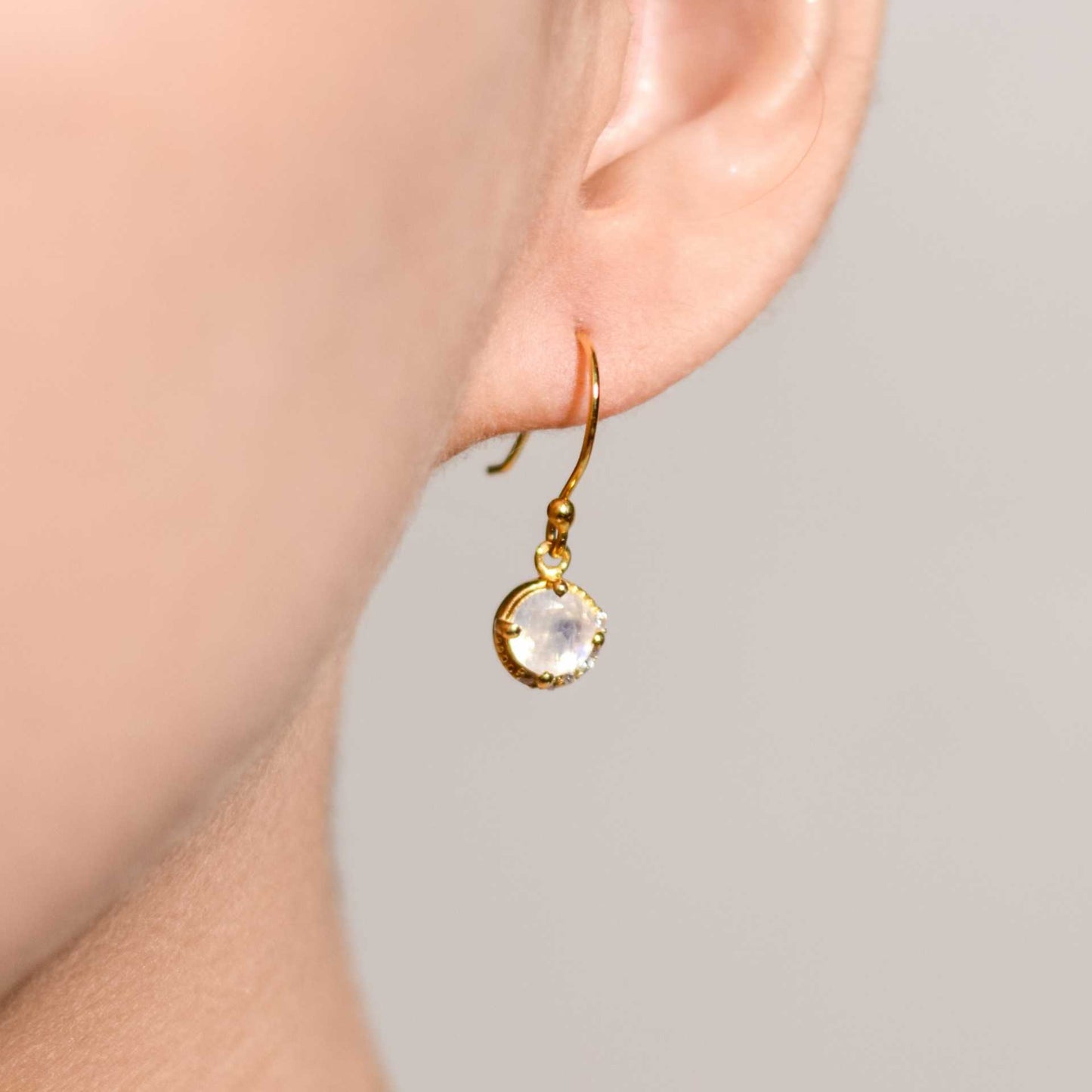 6 mm Round cut Rainbow Moonstone with Crescent Cz Earrings