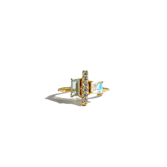 6 x 3 mm Baguette cut Blue Topaz and Rainbow Moonstone with Cz accents Ring