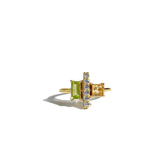 6 x 3 mm Baguette cut Citrine and Peridot with Cz accents Ring
