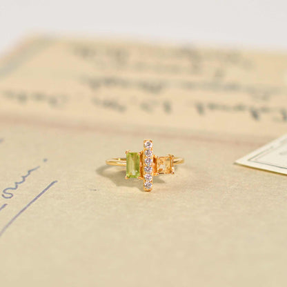 6 x 3 mm Baguette cut Citrine and Peridot with Cz accents Ring