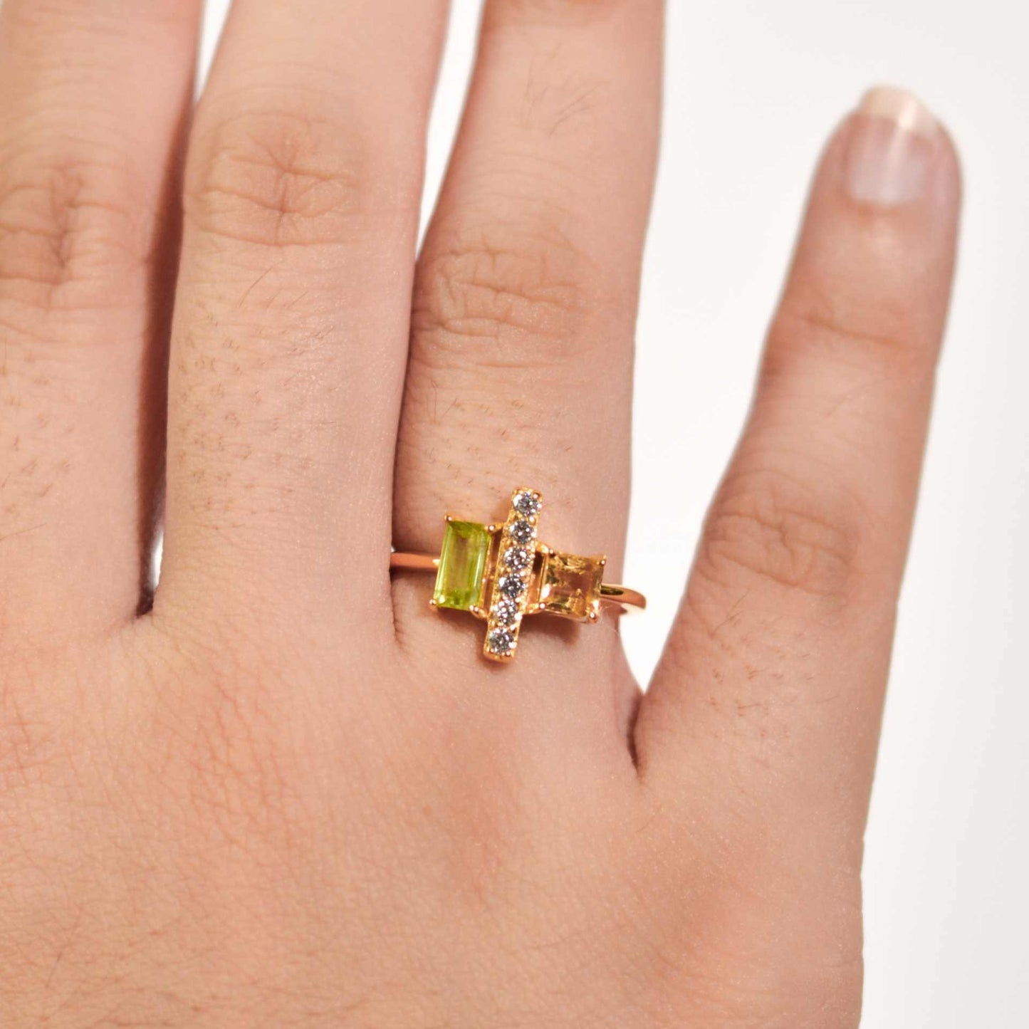 6 x 3 mm Baguette cut Citrine and Peridot with Cz accents Ring