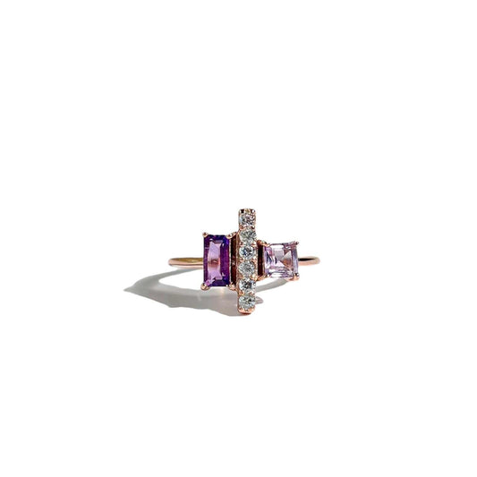6 x 3 mm Baguette cut Purple Amethyst and Pink Amethyst with Cz accents Ring