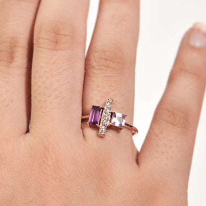 6 x 3 mm Baguette cut Purple Amethyst and Pink Amethyst with Cz accents Ring