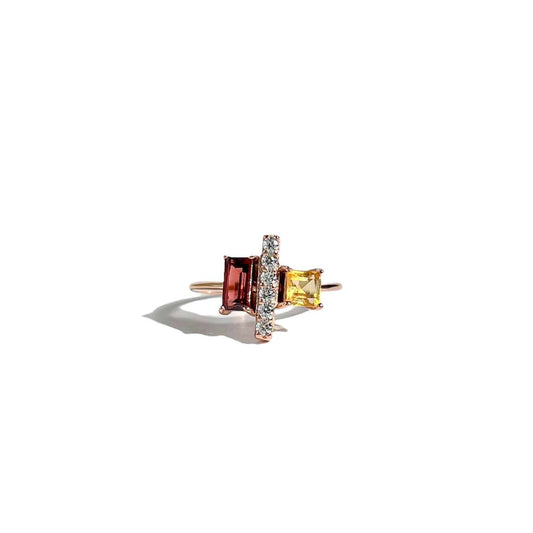 6 x 3 mm Baguette cut Red Garnet and Citrine with Cz accents Ring
