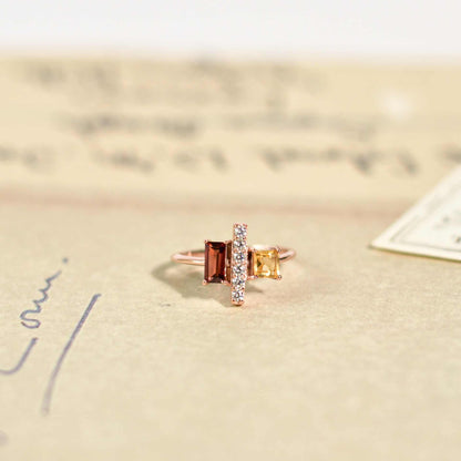 6 x 3 mm Baguette cut Red Garnet and Citrine with Cz accents Ring
