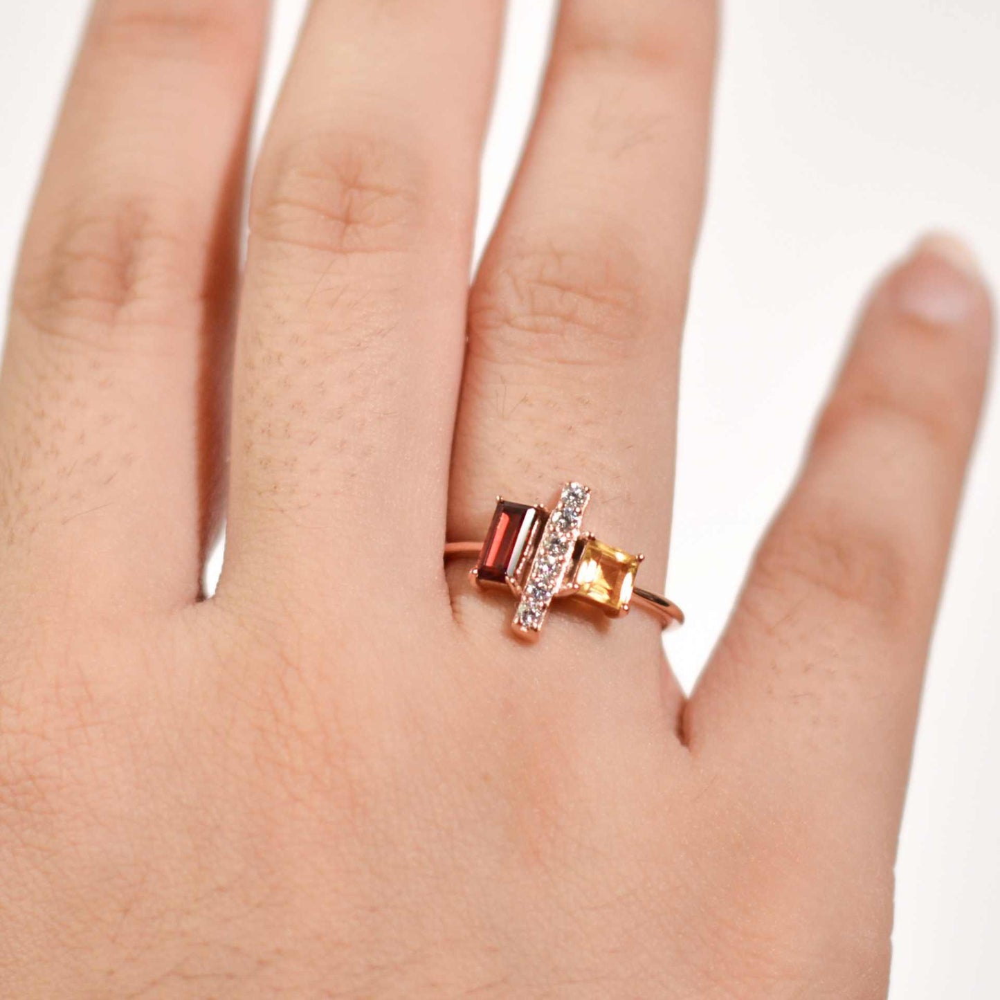 6 x 3 mm Baguette cut Red Garnet and Citrine with Cz accents Ring