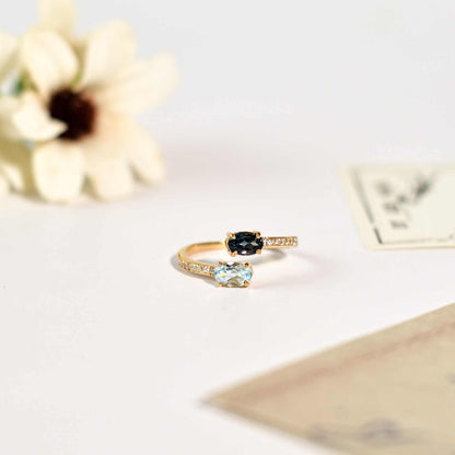 6 x 4 mm Oval cut Blue Topaz and London Blue Topaz Open Ring