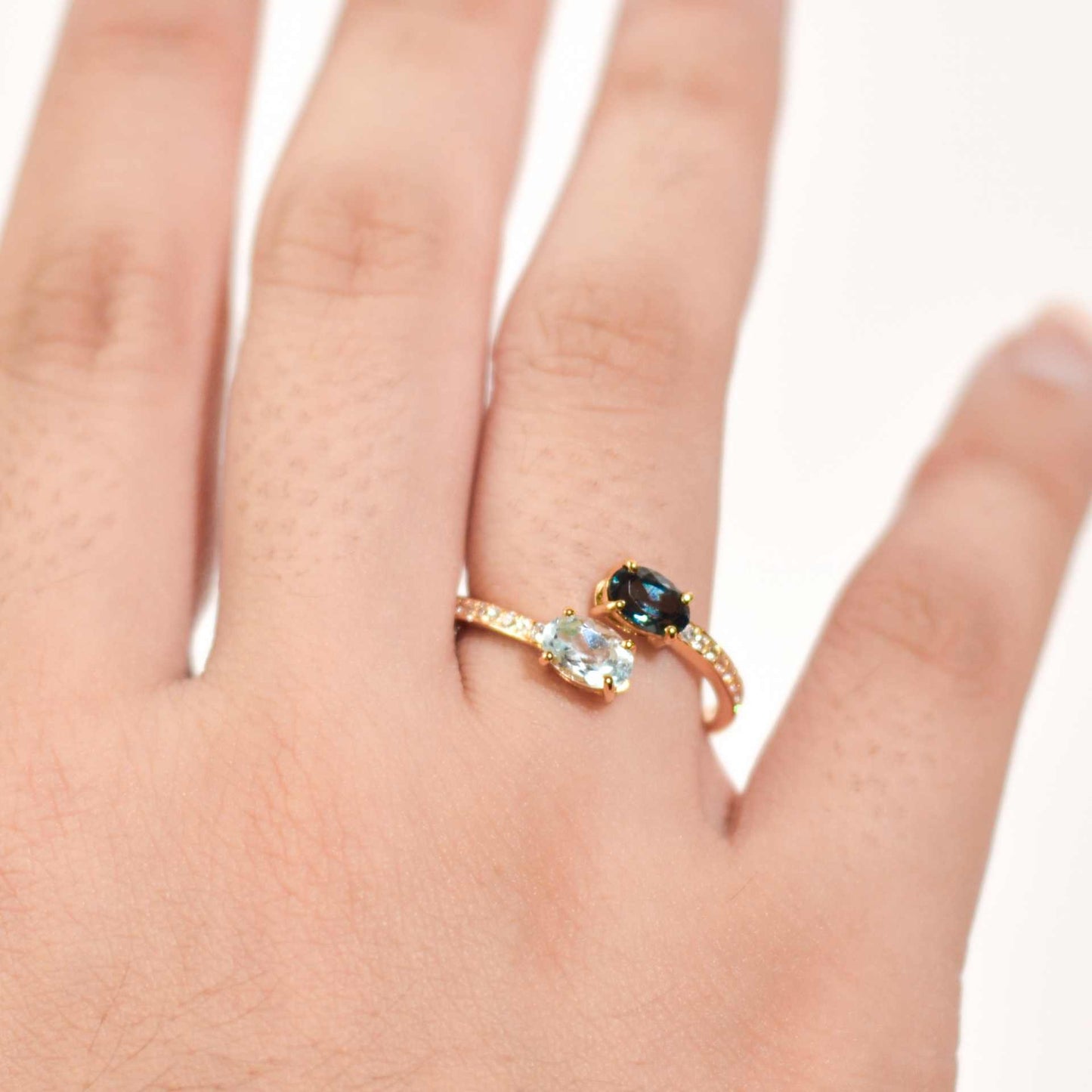 6 x 4 mm Oval cut Blue Topaz and London Blue Topaz Open Ring
