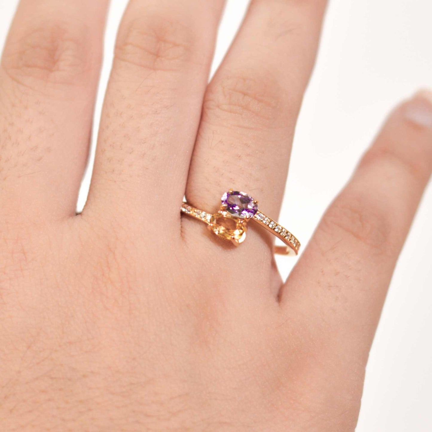 6 x 4 mm Oval cut Citrine and Pink Amethyst Open Ring