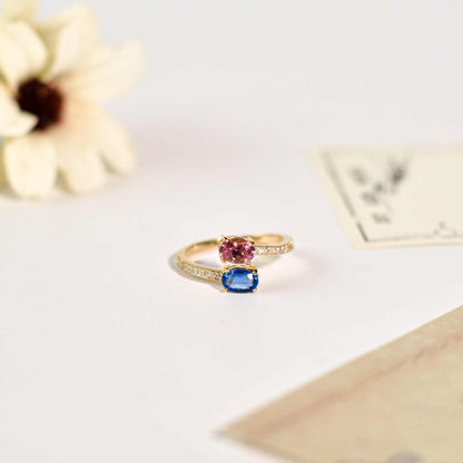 6 x 4 mm Oval cut Pink and Blue Tourmaline Open Ring