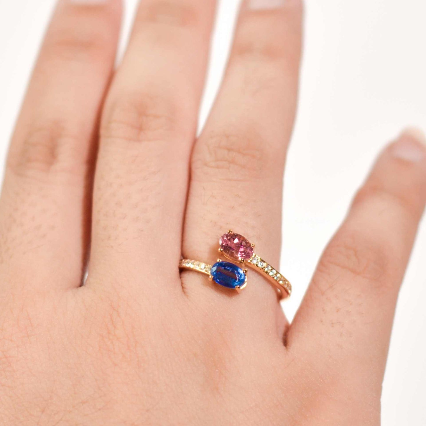 6 x 4 mm Oval cut Pink and Blue Tourmaline Open Ring