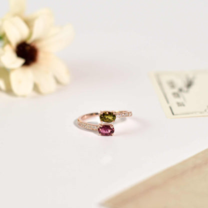 6 x 4 mm Oval cut Pink and Light Green Tourmaline Open Ring