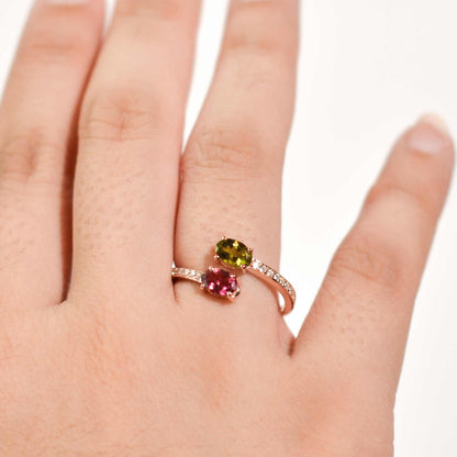 6 x 4 mm Oval cut Pink and Light Green Tourmaline Open Ring
