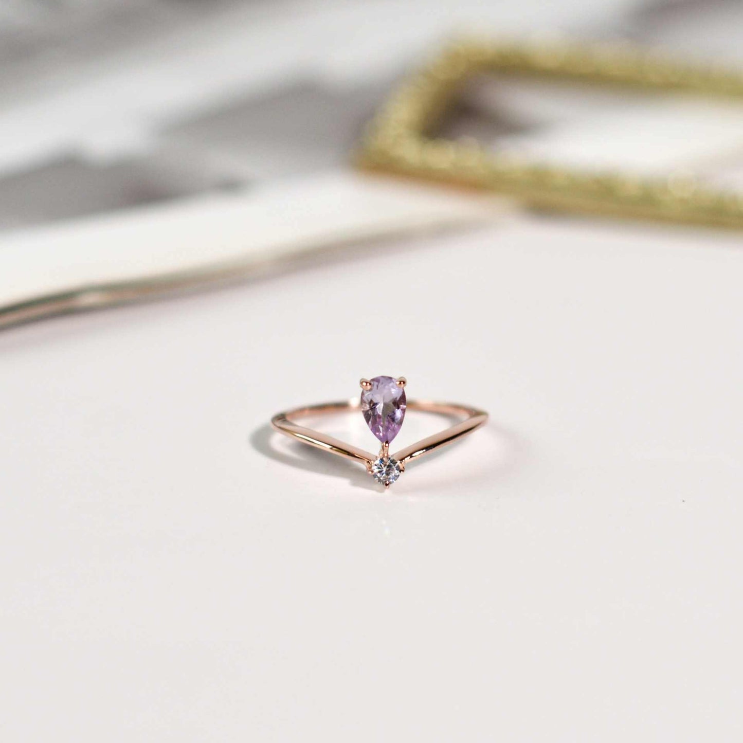 6 x 4 mm Pear cut Pink Amethyst with Cz Accent Tiara Ring