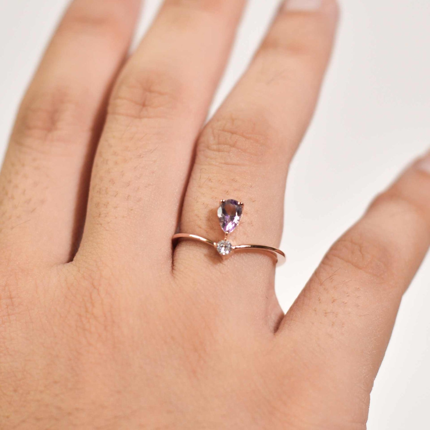 6 x 4 mm Pear cut Pink Amethyst with Cz Accent Tiara Ring