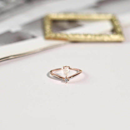6 x 4 mm Pear cut Rainbow Moonstone with Cz Accent Tiara Ring