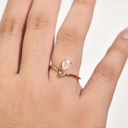 6 x 4 mm Pear cut Rainbow Moonstone with Cz Accent Tiara Ring