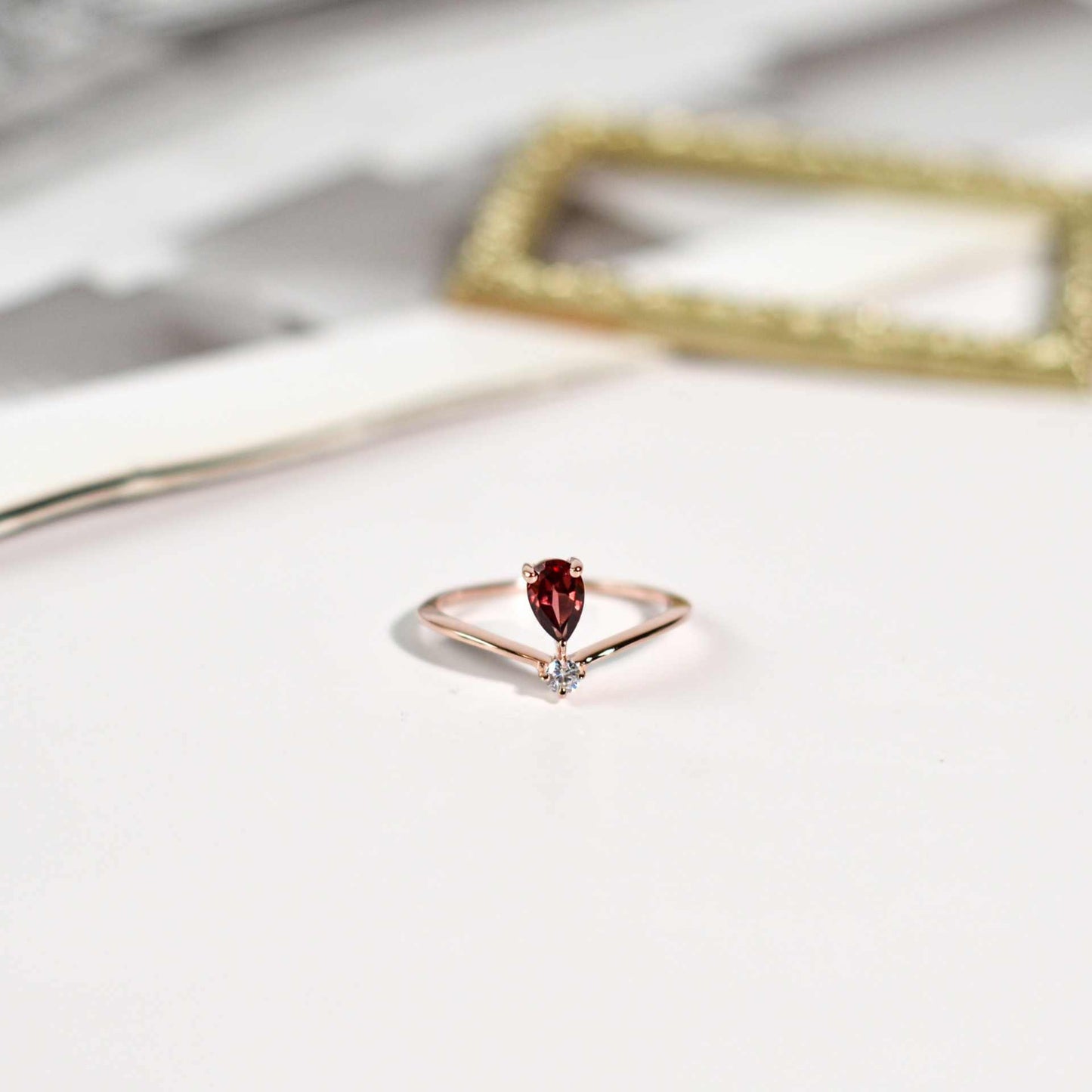 6 x 4 mm Pear cut Red Garnet with Cz Accent Tiara Ring