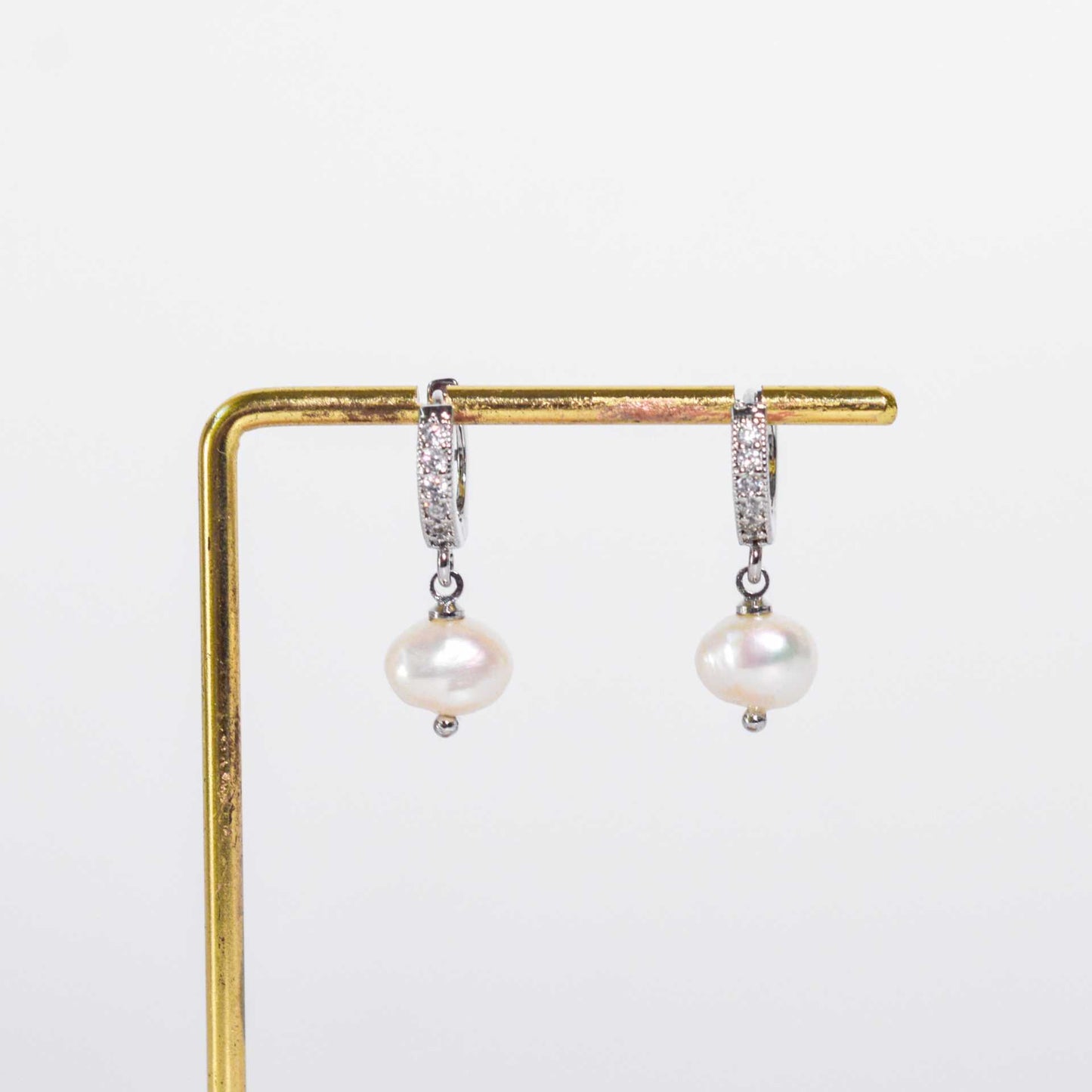 7.3 mm White Kieshe Pearl Rhodium Plated with Inlaid Zircon Hoop Earrings