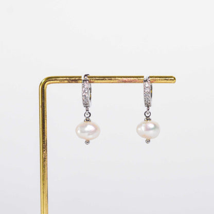 7.3 mm White Kieshe Pearl Rhodium Plated with Inlaid Zircon Hoop Earrings
