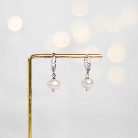7.3 mm White Kieshe Pearl Rhodium Plated with Inlaid Zircon Hoop Earrings