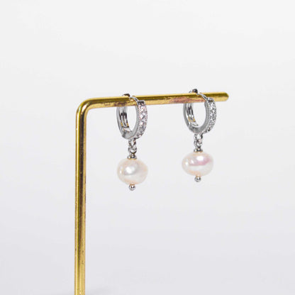7.3 mm White Kieshe Pearl Rhodium Plated with Inlaid Zircon Hoop Earrings